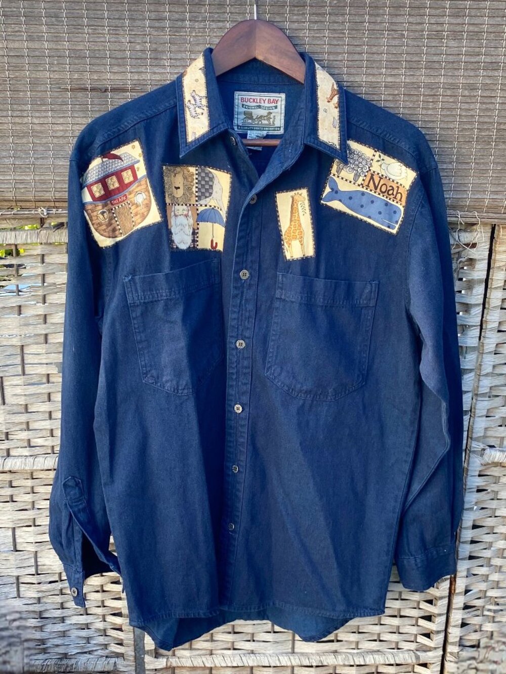 Vintage Buckley Bay Dark Blue Denim Button Down Shirt Noah's Ark Jesus Bible